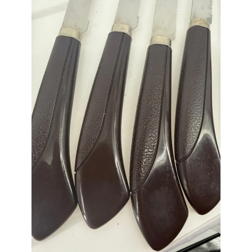 Quikut Stainless USA Steak Knives Set 6 Serrated BrownHandles Vintage Flatware